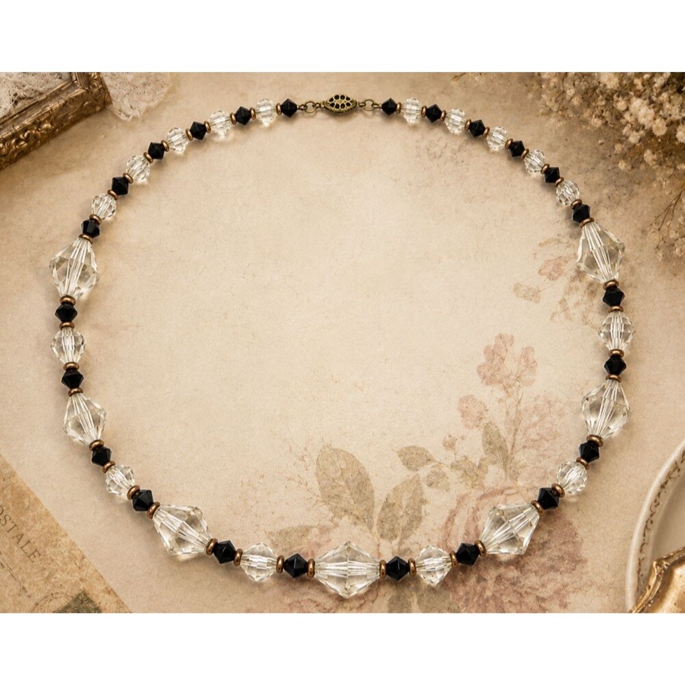 Vintage Faceted Crystal Glass Bead Necklace Black Clear Austrian Style 18”